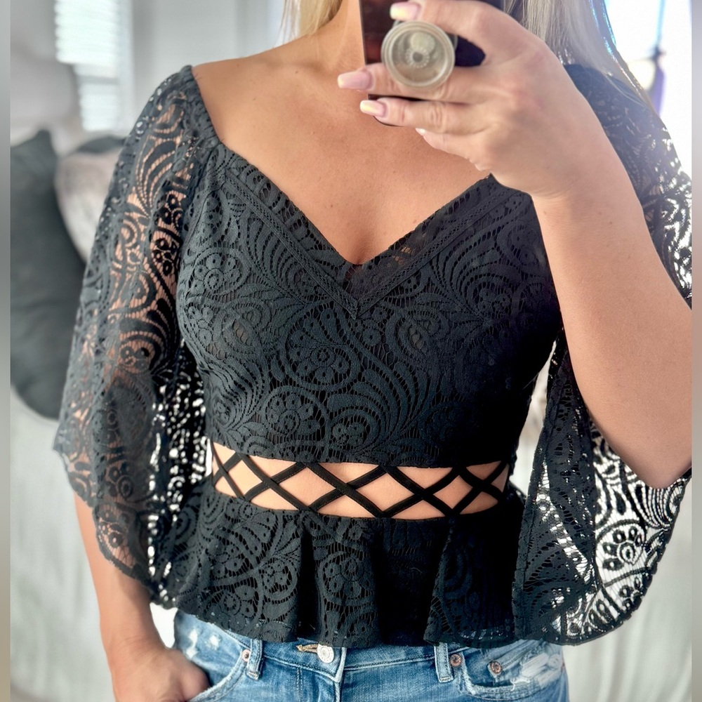 bebe Cropped Lace “Going Out Top” with Cut Outs